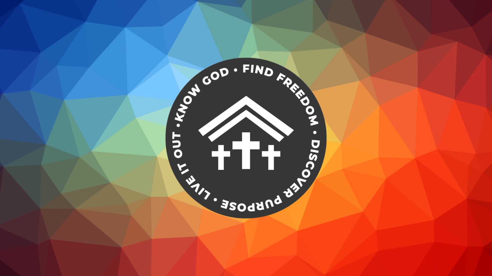 Colorful geometric background with church logo and core values